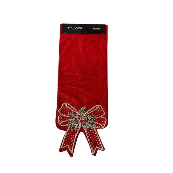 TAHARI Beaded Bow Table Runner 16x90 Christmas Holiday Red Holly Berry New - Picture 10 of 12